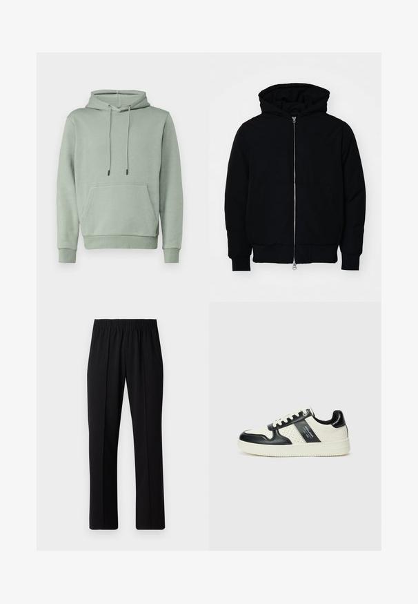 Juodas gobtuvėlis su priekiniu užtrauktuku, kengūros tipo kišene, lygiais rankogaliais ir apvadu, pateiktas ant vientiso balto fono.; Jack & Jones JJEBRADLEY HOOD - Sportinis megztinis - iceberg green; Juodos, elastingos juosmens kelnės su tiesiomis kojomis, turinčios lygų paviršių ir be matomų raštų ar detalių.; Odiniai sportbačiai juodos ir kreminės spalvų schemoje, su perforuotais akcentais, paminkštinta apykakle ir tekstūruotu padu.