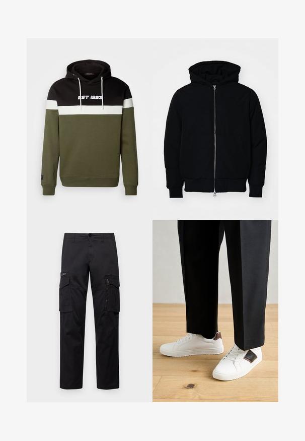 Chaqueta negra con capucha, cierre frontal, bolsillo tipo canguro, y puños y dobladillo acanalados, exhibida sobre un fondo blanco liso.; Sudadera con capucha que presenta paneles en negro, blanco y verde oliva, con texto frontal "EST 1995" y detalles de cordón. Tejido de mezcla de algodón.; Pantalones cargo negros con múltiples bolsillos, un bolsillo con cremallera en el muslo, corte recto y tejido de algodón resistente con un ligero brillo.; Zapatillas blancas con textura suave, con acentos de cuero marrón y detalles en negro, combinadas con pantalones negros ajustados. Fondo de suelo de madera.