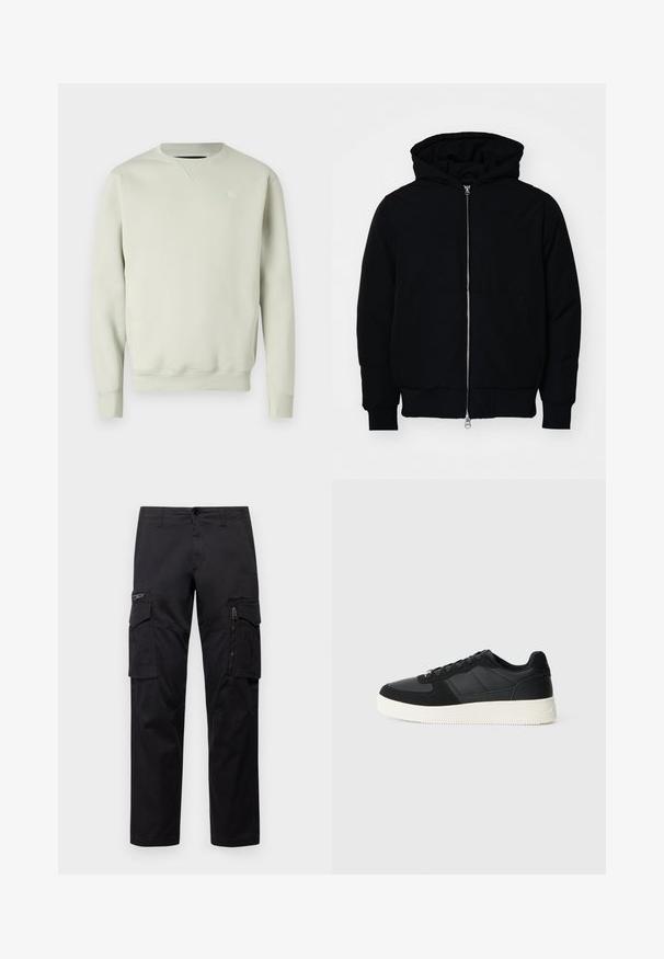 Svart hettejakke med frontglidelås, kengurulomme, ribbestrikket mansjetter og søm, vist på en ensfarget hvit bakgrunn.; Lysegrønn crewneck sweatshirts laget av mykt stoff, med ribbede mansjetter og nederkant, samt en liten logo på venstre bryst.; Sorte cargo bukser med flere lommer, en lynlåslomme på låret, rett passform og solid bomullsstoff med lett glans.; Svart lavtopp sneakers med teksturert lær og semskede paneler, hvit gummisåle og svarte snørebånd på en enkel lys bakgrunn.