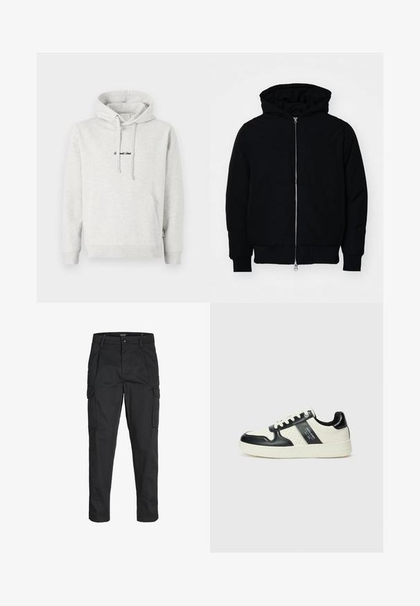 Mustaga kapuutsiga jakk, millel on esineed, kenguru tasku, soonikkoes, ja alläär, esitatud lihtsal valgel taustal.; Heledast hall sweatshirt, millel on kängurupocket, kõikuma cape ja musta värvi tikandiga tekst ees. Puuvillase segu kangas, ribaga soonikuid.; Mustad mustapõlvik, mis on valmistatud tugeva koe kasutades, sisaldab mitmeid taskuid, nupule kinnitatav sulgemine ja kitsenev disain.; Nahatud nahkkingad musta ja kreemi värviskeemiga, millel on perforeeritud aktsendid, pehme krae ja tekstureeritud tallad.