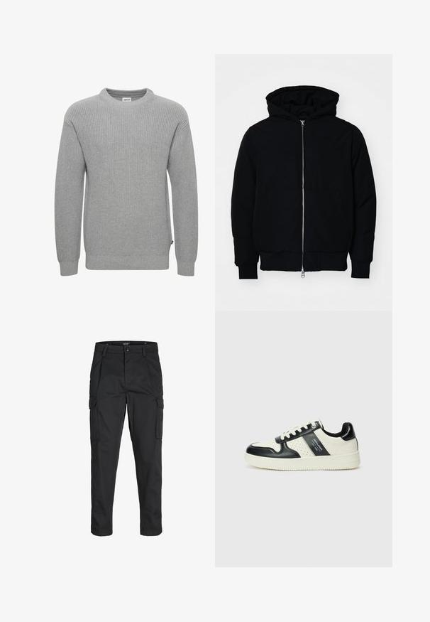 Black hooded jacket with front zipper, kangaroo pocket, ribbed cuffs, and hem, displayed on a plain white background.; Gray knitted sweater with a crew neckline, long sleeves, ribbed cuffs, and hem. The fabric texture is chunky and textured. Small label on the side.; Black cargo pants made of sturdy fabric, featuring multiple pockets, a button closure, and a slim fit design with tapered legs.; Leather sneakers with a black and cream color scheme, featuring perforated accents, a padded collar, and a textured outsole.