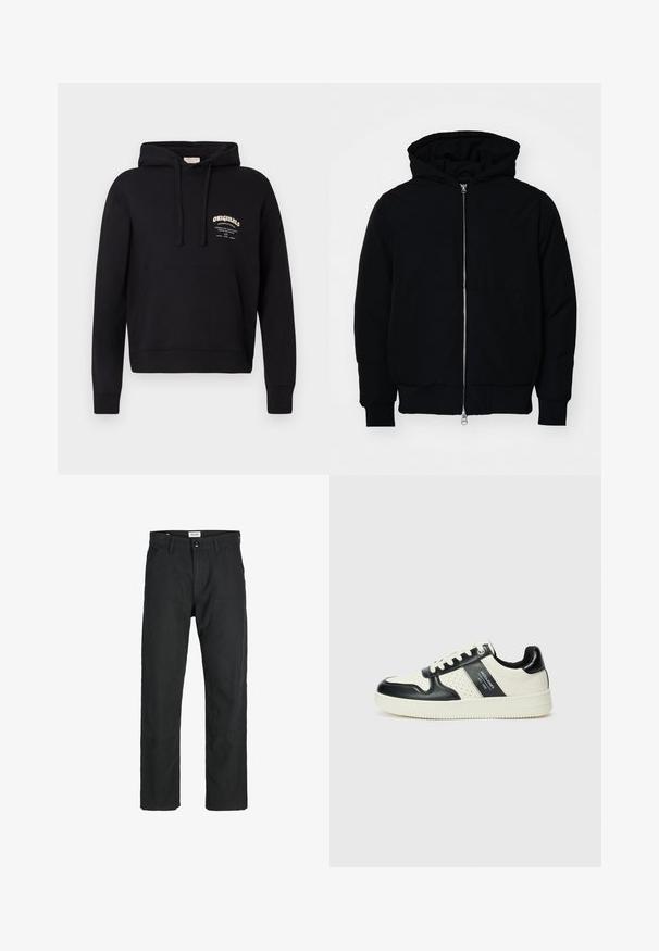 Zwarte hoodie met rits aan de voorkant, kangoeroe-pocket, geribbelde manchetten en zoom, weergegeven op een effen witte achtergrond.; Zwarte hoodie met een voorzak, een capuchon met trekkoord en een wit merklogo op de borst. Gemaakt van zachte katoenstof.; Zwarte broeken gemaakt van duurzame stof, met een recht gesneden ontwerp, gestikte accenten en twee voorzakken voor functionaliteit.; Leren sneakers met een zwart en crèmekleurig kleurenschema, voorzien van geperforeerde accenten, een gevoerde kraag en een gestructureerde buitenzool.