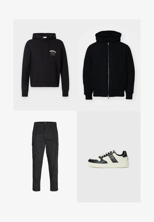 Giacca nera con cappuccio, dotata di zip frontale, tasca a marsupio, polsini e orlo a coste, esposta su uno sfondo bianco semplice.; Felpa nera con tasca frontale, cappuccio regolabile con cordini e un logo bianco sul petto. Realizzata in morbido tessuto di cotone.; Pantaloni cargo neri realizzati in un tessuto resistente, dotati di molteplici tasche, chiusura con bottone e un design aderente con gambe affusolate.; Sneakers in pelle con una combinazione di colori nero e crema, dotati di dettagli perforati, collare imbottito e suola testurizzata.