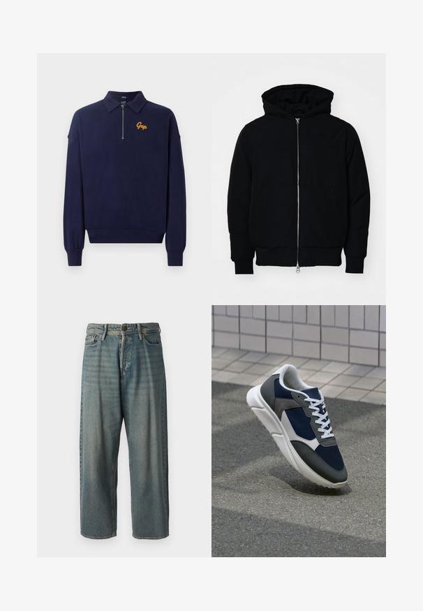 Čierna kapucňová bunda s predným zipsom, klokaními vreckami, rebrovanými manžetami a lemom, zobrazená na bielom pozadí.; GAP STANDARD - Mikina - navy uniform; Svetlomodré denimové nohavice so voľným strihom, stredne vysokým pásom a rovnými nohavicami. Obsahujú päť vreciek, pútka na opasok a zapínanie na gombík.; Tenisky s sieťovinou v námorníckej modrej farbe, so sivými semišovými detailmi, bielou gumovou podrážkou a plochými bielymi šnúrkami, navrhnuté pre pohodlie a priedušnosť.