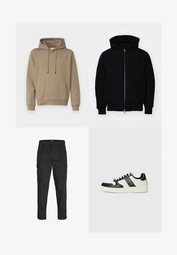 Veste à capuche noire avec fermeture éclair sur le devant, poche kangourou, poignets et ourlet côtelés, présentée sur un fond blanc uni.; Sweatshirt à capuche en brun clair, fabriqué en tissu doux. Comprend une poche frontale et des poignets côtelés. Design simple avec des cordons de serrage.; Pantalons cargo noirs en tissu résistant, dotés de plusieurs poches, d'une fermeture par bouton et d'une coupe slim avec des jambes fuselées.; Baskets en cuir avec un schéma de couleurs noir et crème, dotées d'accents perforés, d'un col rembourré et d'une semelle texturée.