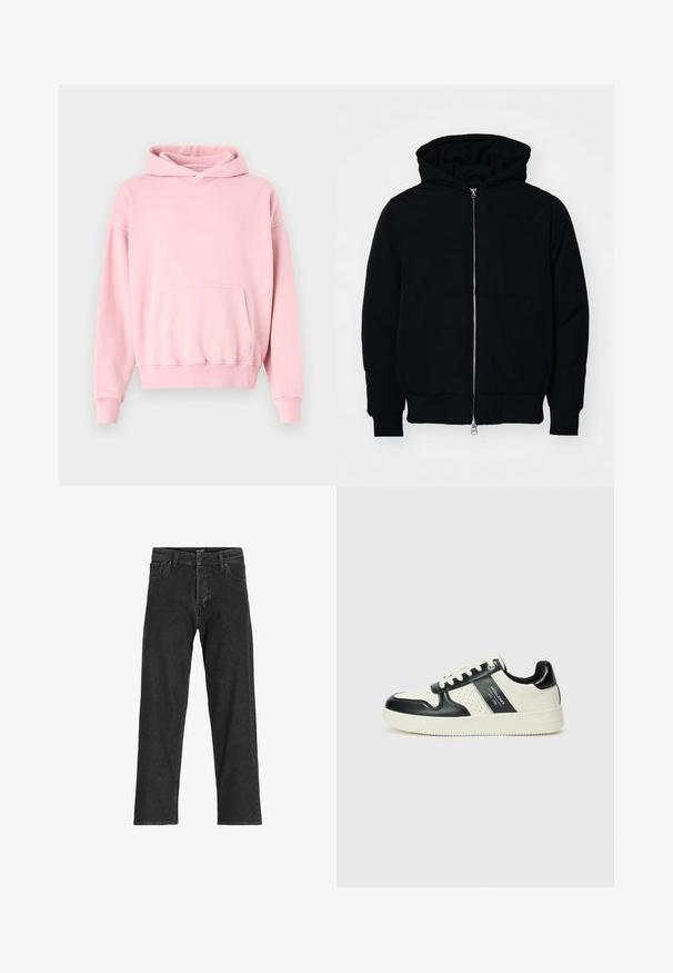 Giacca nera con cappuccio, dotata di zip frontale, tasca a marsupio, polsini e orlo a coste, esposta su uno sfondo bianco semplice.; Felpa con cappuccio rosa realizzata in morbido cotone misto, con tasca frontale, polsini e orlo a costine. Design semplice con vestibilità rilassata.; Jeans in denim nero con un design a gamba dritta, dotati di zip, passanti per cintura e sei tasche, realizzati in un resistente tessuto misto cotone.; Sneakers in pelle con una combinazione di colori nero e crema, dotati di dettagli perforati, collare imbottito e suola testurizzata.
