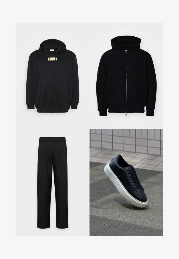 Giacca nera con cappuccio, dotata di zip frontale, tasca a marsupio, polsini e orlo a coste, esposta su uno sfondo bianco semplice.; Felpa nera con cappuccio realizzata in tessuto morbido, caratterizzata da un logo applicato sul davanti in bianco, giallo e blu chiaro. Include una tasca a marsupio e un cappuccio regolabile con cordini.; Pantaloni neri realizzati in tessuto liscio, caratterizzati da un taglio dritto, due pieghe frontali e una vita standard con passanti per la cintura.; Sneaker in pelle nera con punta arrotondata e suola in gomma bianca. Presenta lacci piatti e cuciture minime sulla parte superiore. Suola testurizzata per una migliore aderenza.