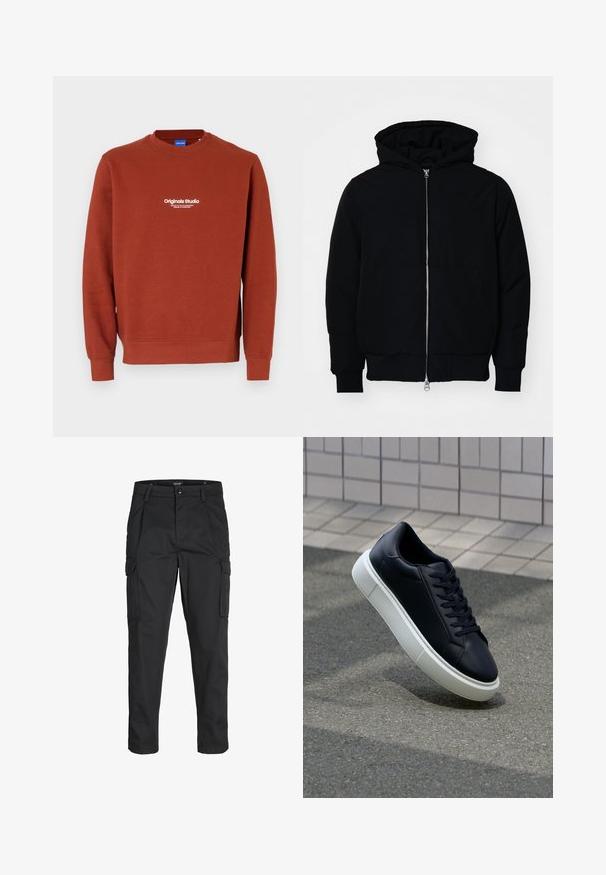 Giacca nera con cappuccio, dotata di zip frontale, tasca a marsupio, polsini e orlo a coste, esposta su uno sfondo bianco semplice.; Felpa color ruggine realizzata in tessuto morbido. Presenta un collo a giro e maniche lunghe. Il testo bianco sul davanti riporta "Originals Studio."; Pantaloni cargo neri realizzati in un tessuto resistente, dotati di molteplici tasche, chiusura con bottone e un design aderente con gambe affusolate.; Sneaker in pelle nera con punta arrotondata e suola in gomma bianca. Presenta lacci piatti e cuciture minime sulla parte superiore. Suola testurizzata per una migliore aderenza.
