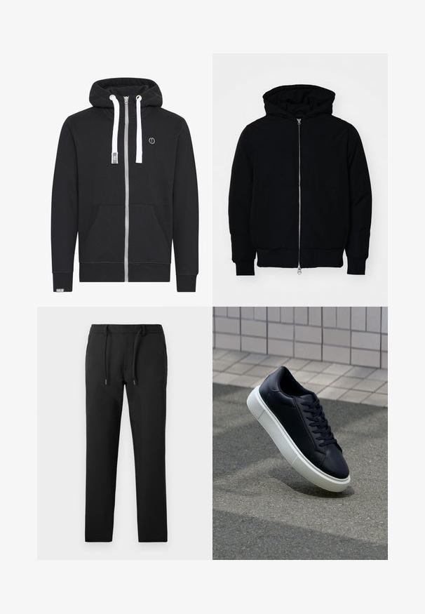 Black hooded jacket with front zipper, kangaroo pocket, ribbed cuffs, and hem, displayed on a plain white background.; Black zip-up hoodie made of cotton blend. Features a silver zipper, white drawstrings, front pockets, and a logo patch on the chest.; Black trousers with a slim fit, made of soft fabric, featuring a drawstring waist, side pockets, and a smooth finish.; Black leather sneaker with rounded toe and white rubber sole. Features flat laces and minimal stitching on the upper. Textured sole for grip.