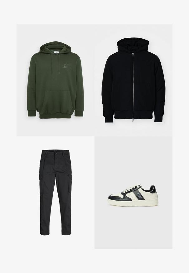 Black hooded jacket with front zipper, kangaroo pocket, ribbed cuffs, and hem, displayed on a plain white background.; Olive green hoodie with a front pocket, drawstring hood, and embossed logo on the chest. Made from soft, textured fabric.; Black cargo pants made of sturdy fabric, featuring multiple pockets, a button closure, and a slim fit design with tapered legs.; Leather sneakers with a black and cream color scheme, featuring perforated accents, a padded collar, and a textured outsole.