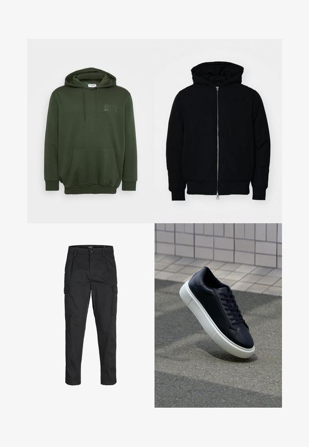 Črna kapuca jakna s sprednjim zadrgo, kenguru žepom, rebrastimi manšetami in hemom, razstavljena na enostavni beli ozadju.; Olive zelena kapuca z sprednjim žepom, kapuco s vrvico in embosiranim logotipom na prsih. Narejena iz mehke, teksturirane tkanine.; Črne cargo hlače iz trdnega blaga, ki imajo več žepov, gumbasto zapiranje in ozek kroj z zožanimi nogami.; Črne usnjene superge z zaobljenim prstom in belim gumijastim podplat. Imajo ravne vezalke in minimalno šivanje na zgornjem delu. Teksturirani podplat za oprijem.