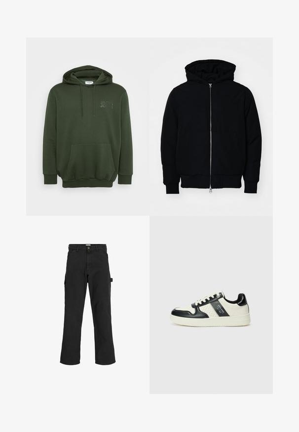 Černá kapucňová bunda s předním zipem, klokaní kapsou, vroubkovanými manžetami a spodním lemem, vystavená na čistém bílém pozadí.; Olivově zelená mikina s kapucí, přední kapsou a raženým logem na hrudi. Vyrobena z měkké, texturované tkaniny.; Černé cargo kalhoty z bavlněné směsi. Mají široké nohavice, přední šikmé kapsy a boční kapsu s poutkem na doplňky.; Kožené tenisky s černobílou barevnou kombinací, které mají perforované detaily, polstrovaný límec a texturovanou podrážku.