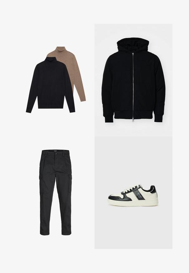 Melna kapucēta jaka ar priekšējo rāvējslēdzēju, kenguru kabatu, ribinātām aprocēm un apakšmalu, parādīta uz vienkārša balta fona.; Divi garām piedurknēm tīkliņi, viens melns un otrs gaiši brūns, izgatavoti no mīksta adījuma ar pieguļošu dizainu un ribām aprocēs.; Melnas kravas bikses, izgatavotas no izturīga auduma, ar vairākiem kabatām, pogu aizdari un šaura piegriezuma dizainu ar sašaurinātiem kāju apakšiem.; Ādas sporta apavi ar melnbaltu krāsu shēmu, ar perforētiem akcentiem, mīkstinātu apkakli un teksturētu zoli.