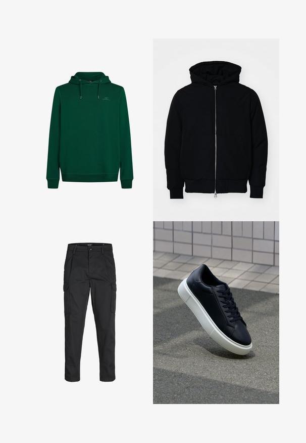 Veste à capuche noire avec fermeture éclair sur le devant, poche kangourou, poignets et ourlet côtelés, présentée sur un fond blanc uni.; Hoodie vert en tissu doux, avec une poche kangourou à l'avant, une capuche avec cordon de serrage ajustable et des poignets et un ourlet côtelés. Détail de logo subtil sur la poitrine.; Pantalons cargo noirs en tissu résistant, dotés de plusieurs poches, d'une fermeture par bouton et d'une coupe slim avec des jambes fuselées.; Baskets noires en cuir avec bout arrondi et semelle en caoutchouc blanc. Elles présentent des lacets plats et une couture minimale sur la tige. Semelle texturée pour une bonne adhérence.