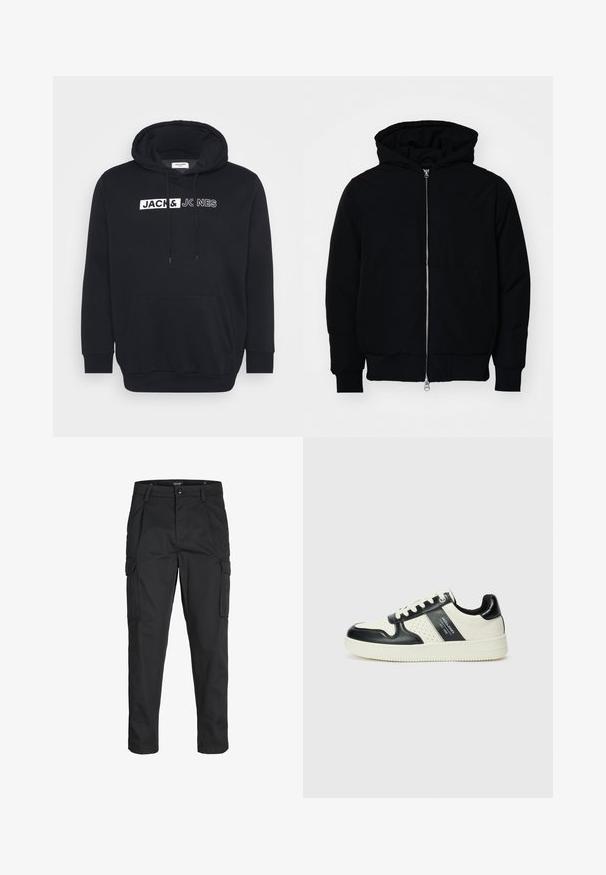 Svart hettejakke med frontglidelås, kengurulomme, ribbestrikket mansjetter og søm, vist på en ensfarget hvit bakgrunn.; Svart hettegenser laget av en blanding av bomull, med en stor frontlomme, snorhette og hvit merkevaretekst på brystet.; Sorte cargo bukser laget av slitesterkt stoff, med flere lommer, knappelukking og en slim fit-design med avsmalnede ben.; Lædersneakers med sort og creme farveskema, der har perforerede detaljer, en polstret krave og en struktureret ydersål.