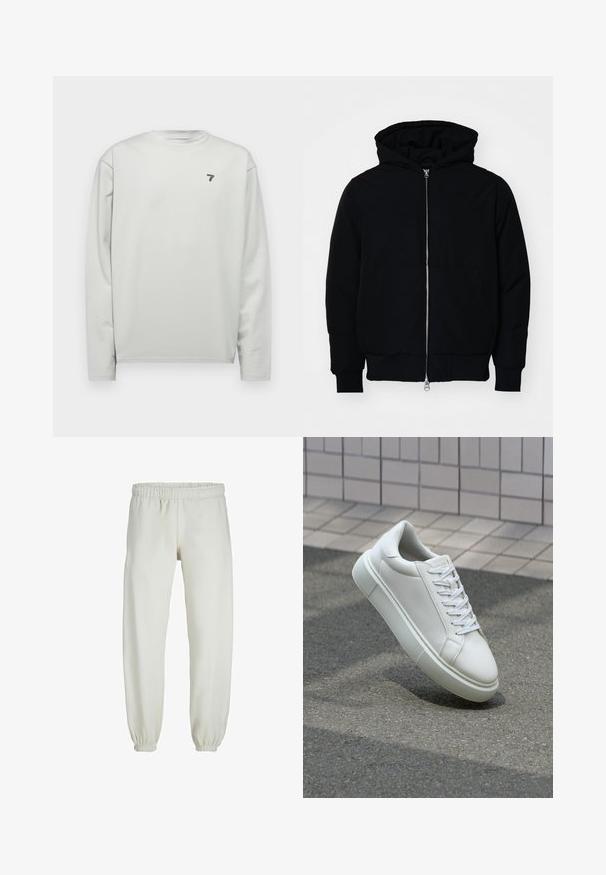 Črna kapuca jakna s sprednjim zadrgo, kenguru žepom, rebrastimi manšetami in hemom, razstavljena na enostavni beli ozadju.; Svetlo siva majica dugih rukava s okruglim izrezom, koja ima teksturirani materijal i mali mornarski logo na lijevoj strani prsnog dijela.; Bele trenerke narejene iz mehkega blaga, z elastičnim pasom in manšetami, gladke teksture in ohlapnega kroja.; Bela usnjena teniska obutev z gladko površino, okroglo konico in ravnimi belimi vezalkami. Ima teksturiran gumijast podplat in minimalne oblikovalske elemente.