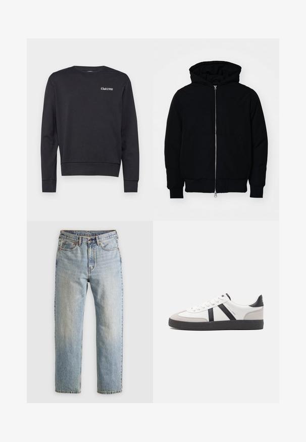 Juodas gobtuvėlis su priekiniu užtrauktuku, kengūros tipo kišene, lygiais rankogaliais ir apvadu, pateiktas ant vientiso balto fono.; Juodas džemperis, pagamintas iš minkštos medžiagos, su ilgomisRankovėmis, apvaliu kaklu ir baltu "Club1990" logotipu ant krūtinės. Paprastas dizainas.; Šviesiai mėlynos džinsinės kelnės su aukštu liemeniu, priekyje mygtukas, užtrauktukas ir penkių kišenių dizainas, išklotos ant neutralios fono.; Balti sportbačiai su juodais ir pilkais akcentais, pasižymintys tekstūruotu pilku pirštų dangteliu, juoda gumine padais ir plokščiomis baltomis raišteliais. Švarus dizainas, minimalistinis stilius.