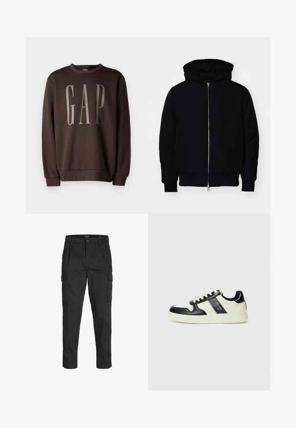 Mustaga kapuutsiga jakk, millel on esineed, kenguru tasku, soonikkoes, ja alläär, esitatud lihtsal valgel taustal.; GAP Pusa - terra brown; Mustad mustapõlvik, mis on valmistatud tugeva koe kasutades, sisaldab mitmeid taskuid, nupule kinnitatav sulgemine ja kitsenev disain.; Nahatud nahkkingad musta ja kreemi värviskeemiga, millel on perforeeritud aktsendid, pehme krae ja tekstureeritud tallad.