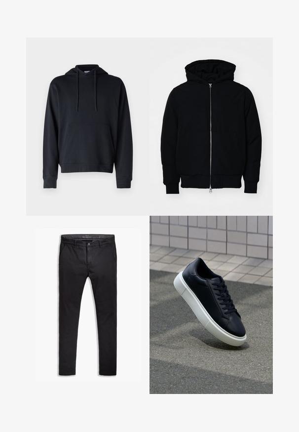 Melna kapucēta jaka ar priekšējo rāvējslēdzēju, kenguru kabatu, ribinātām aprocēm un apakšmalu, parādīta uz vienkārša balta fona.; Melnā kapucīna džemperis, izgatavots no kokvilnas sajaukuma auduma, ar kangaroo kabatu, regulējamiem cekuliem un ribotām piedurknēm un apakšmalu. Vienkāršs dizains.; Melnas kokvilnas chinos bikses ar sašaurinātu piegriezumu, piecas kabatas, jostas cilpas un gludu audumu. Ar rāvējslēdzēju un pogu aizdari.; Melnas ādas kedas ar noapaļotu pirkstu un baltu gumijas zoli. Iespējas - plakanas šņorītes un minimāla apdare augšdaļā. Struktūrēta zole, lai nodrošinātu saķeri.