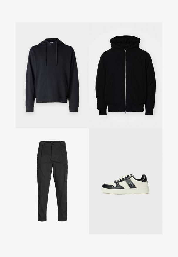 Czarna kurtka z kapturem, z suwakiem z przodu, kieszenią kangurką, ściągaczami przy mankietach i dolnym brzegu, prezentowana na jednolitym białym tle.; Czarna bluza z kapturem wykonana z dzianiny bawełnianej, z kieszenią typu kangur, regulowanym sznurkiem i ściągaczami przy mankietach oraz u dołu. Prosty design.; Czarne spodnie cargo wykonane z wytrzymałego materiału, z wieloma kieszeniami, zapięciem na guzik oraz zwężanym krojem nogawek.; Skórzane sneakersy w czarno-kremowym schemacie kolorystycznym, z perforowanymi akcentami, wyściełanym kołnierzem i teksturowaną podeszwą.
