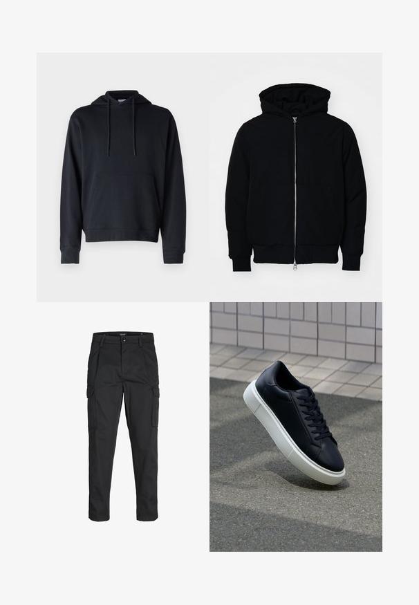 Black hooded jacket with front zipper, kangaroo pocket, ribbed cuffs, and hem, displayed on a plain white background.; Black hoodie made of cotton blend fabric, featuring a kangaroo pocket, adjustable drawstrings, and ribbed cuffs and hem. Simple design.; Black cargo pants made of sturdy fabric, featuring multiple pockets, a button closure, and a slim fit design with tapered legs.; Black leather sneaker with rounded toe and white rubber sole. Features flat laces and minimal stitching on the upper. Textured sole for grip.