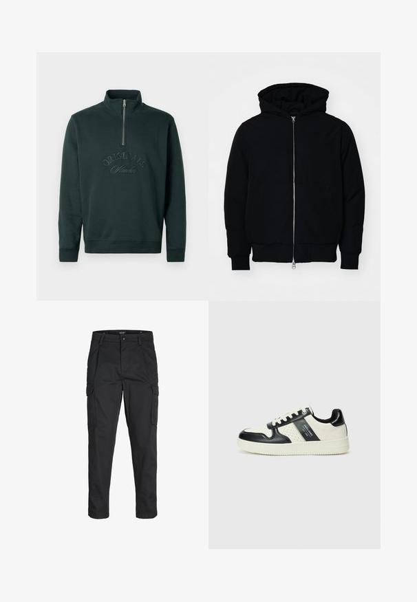 Zwarte hoodie met rits aan de voorkant, kangoeroe-pocket, geribbelde manchetten en zoom, weergegeven op een effen witte achtergrond.; Donkergroene sweatshirt met hoge kraag en een halve rits. Voorzien van het reliëf 'ORIGINALS Studio' tekst op de voorkant. Zachte textuur.; Zwarte cargobroek van stevig stof, met meerdere zakken, een knoopsluiting en een slim fit ontwerp met taps toelopende benen.; Leren sneakers met een zwart en crèmekleurig kleurenschema, voorzien van geperforeerde accenten, een gevoerde kraag en een gestructureerde buitenzool.