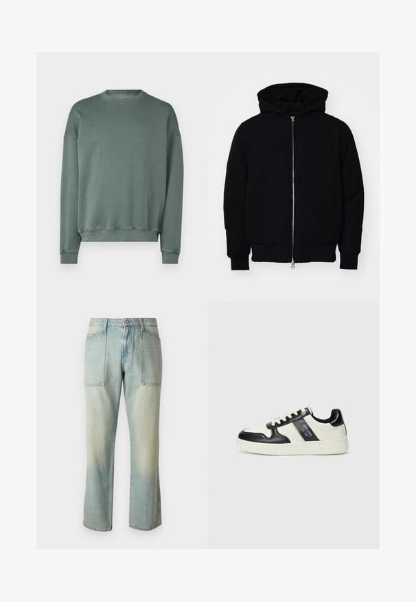 Juodas gobtuvėlis su priekiniu užtrauktuku, kengūros tipo kišene, lygiais rankogaliais ir apvadu, pateiktas ant vientiso balto fono.; Abercrombie & Fitch ESSENTIAL - Sportinis megztinis - balsam green; Šviesiai mėlyni džinsai su tiesia kojų kirpimu, matomomis siūlėmis ir dviem didelėmis priekinėmis kišenėmis. Audinys turi pablukusį tekstūrą.; Odiniai sportbačiai juodos ir kreminės spalvų schemoje, su perforuotais akcentais, paminkštinta apykakle ir tekstūruotu padu.