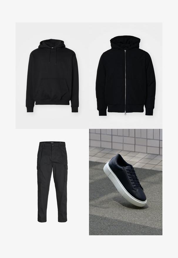 Melna kapucēta jaka ar priekšējo rāvējslēdzēju, kenguru kabatu, ribinātām aprocēm un apakšmalu, parādīta uz vienkārša balta fona.; Melns kapuces džemperis, izgatavots no mīksta kokvilnas maisījuma, ar kanguruku somu, auklu kapuci, ribotām piedurknēm un brīvu piegriezumu.; Melnas kravas bikses, izgatavotas no izturīga auduma, ar vairākiem kabatām, pogu aizdari un šaura piegriezuma dizainu ar sašaurinātiem kāju apakšiem.; Melnas ādas kedas ar noapaļotu pirkstu un baltu gumijas zoli. Iespējas - plakanas šņorītes un minimāla apdare augšdaļā. Struktūrēta zole, lai nodrošinātu saķeri.