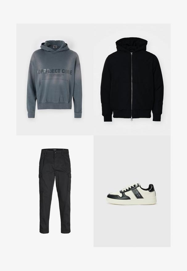Black hooded jacket with front zipper, kangaroo pocket, ribbed cuffs, and hem, displayed on a plain white background.; Gray hoodie made of cotton, featuring a front pocket, ribbed cuffs, and bold printed text “PROJECT CORE” on the chest.; Black cargo pants made of sturdy fabric, featuring multiple pockets, a button closure, and a slim fit design with tapered legs.; Leather sneakers with a black and cream color scheme, featuring perforated accents, a padded collar, and a textured outsole.