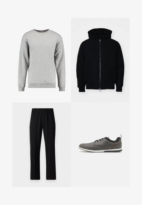 Svart hettejakke med frontglidelås, kengurulomme, ribbestrikket mansjetter og søm, vist på en ensfarget hvit bakgrunn.; Grå crewneck genser laget av myk bomull. Har langt ermer, ribbede mansjetter og nedkant, samt et enkelt og udecorert design.; Svart, elastisk midjebukser med rett ben-design, med en glatt tekstur og uten synlige mønstre eller maskinvare.; Graue skinnsko med svarte detaljer, med rund tå, snøring, hvit såle og en liten løftekant bak på hælen.