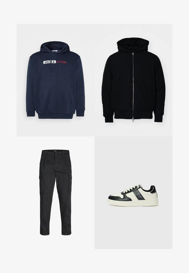 Mustaga kapuutsiga jakk, millel on esineed, kenguru tasku, soonikkoes, ja alläär, esitatud lihtsal valgel taustal.; Tumesinine kapuutsiga sviiter, millel on känguru tasku, reguleeritav kapuuts ja valge/punane trükitud logo, mis ütleb "JACK & JONES" rinnal.; Mustad mustapõlvik, mis on valmistatud tugeva koe kasutades, sisaldab mitmeid taskuid, nupule kinnitatav sulgemine ja kitsenev disain.; Nahatud nahkkingad musta ja kreemi värviskeemiga, millel on perforeeritud aktsendid, pehme krae ja tekstureeritud tallad.