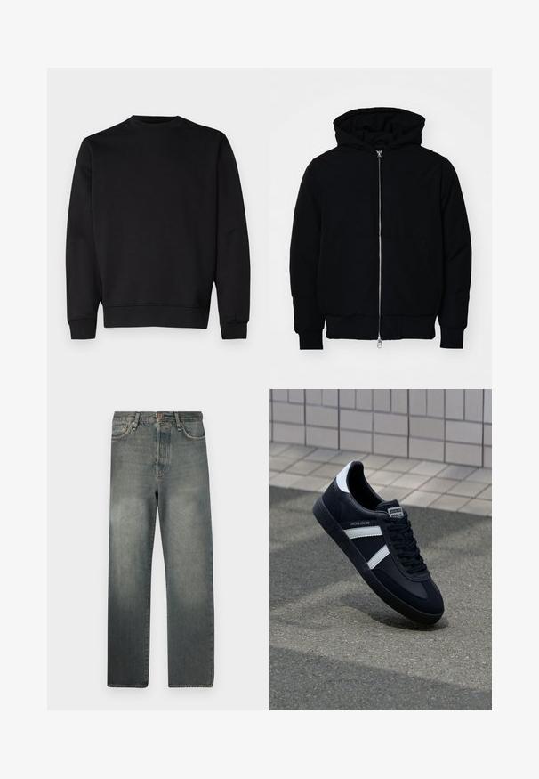 Giacca nera con cappuccio, dotata di zip frontale, tasca a marsupio, polsini e orlo a coste, esposta su uno sfondo bianco semplice.; Felpa nera realizzata in tessuto morbido, con collo rotondo, maniche lunghe e polsini e orlo a coste per un look aderente.; Jack & Jones JJIALEX JJCOOPER - Jeans baggy - black denim; Sneaker neri in pelle con strisce bianche, suola in gomma texturizzata e allacciatura frontale. Presenta un'etichetta con il marchio sulla linguetta.