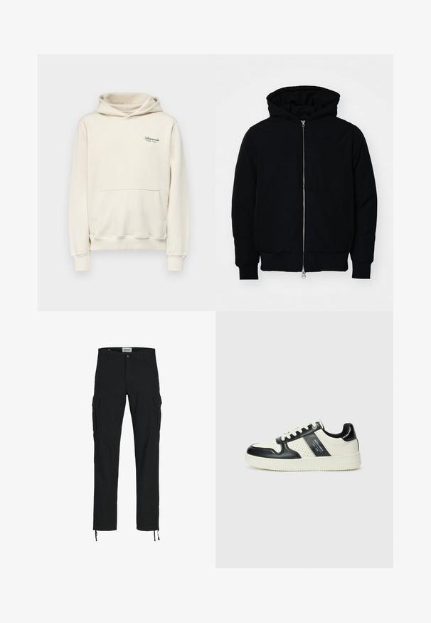 Giacca nera con cappuccio, dotata di zip frontale, tasca a marsupio, polsini e orlo a coste, esposta su uno sfondo bianco semplice.; Abercrombie & Fitch SCRIPT LOGO - Felpa con cappuccio - birch; Pantaloni cargo neri con taglio dritto, dotati di tasche laterali, chiusura con bottone e coulisse elastiche alle caviglie. Realizzati in tessuto resistente.; Sneakers in pelle con una combinazione di colori nero e crema, dotati di dettagli perforati, collare imbottito e suola testurizzata.