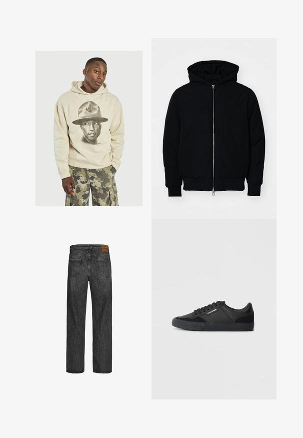 Svart huoodiejacka med framdragkedja, känguruficka, ribbade ärmslut och nederkant, uppställd mot en vit bakgrund.; Beige hoodie med en stor svart och vit grafik av en person som bär en hatt. Material av bomull med en mjuk textur. Lätt lös passform och känguruficka.; Svart denimjeans med rak bendesign, femficksstil och en brun läderlapp vid midjan. Texturerat tyg med sömdetaljer.; Svarta sneakers med en blandning av läder och mocka, med runda snörning, strukturerad gummisula och en logotyp på sidan.