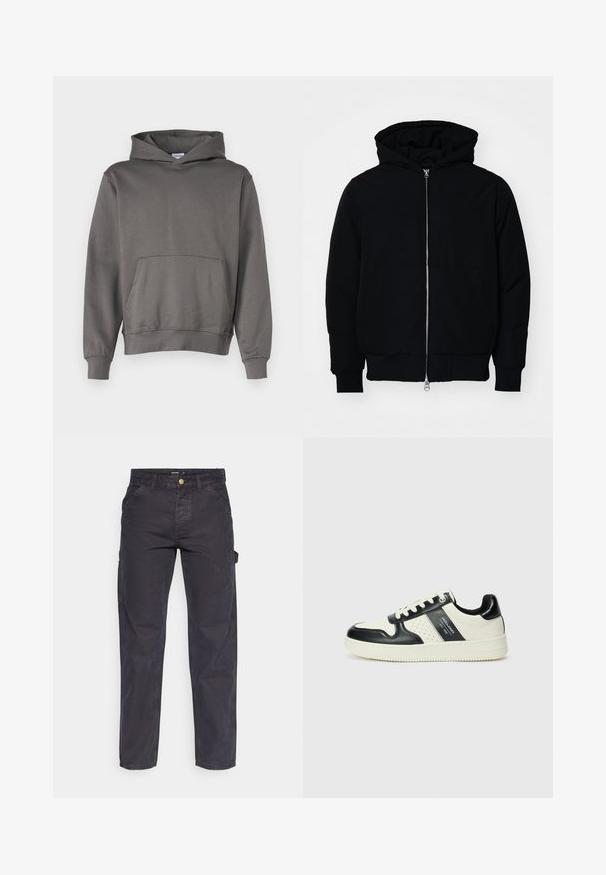 Chaqueta negra con capucha, cierre frontal, bolsillo tipo canguro, y puños y dobladillo acanalados, exhibida sobre un fondo blanco liso.; Sudadera gris de material suave; cuenta con un bolsillo tipo canguro, capucha con cordón ajustable y puños y dobladillo acanalados. Textura lisa.; Pantalones cargo de color gris oscuro, confeccionados con un tejido duradero, que presentan un corte recto, cinco bolsillos y un cierre de botón en la cintura.; Zapatillas de cuero con un esquema de colores negro y crema, que cuentan con acentos perforados, un collar acolchado y una suela texturizada.