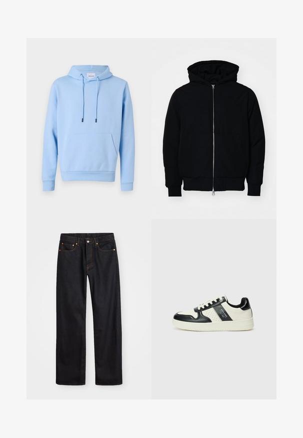 Giacca nera con cappuccio, dotata di zip frontale, tasca a marsupio, polsini e orlo a coste, esposta su uno sfondo bianco semplice.; Felpa leggera azzurro chiaro in tessuto morbido, con tasca a marsupio frontale, coulisse regolabile e polsini e orlo a coste.; Jeans neri in denim dritto da uomo con cinque tasche e cuciture arancioni, chiusura con bottone e zip sulla vita anteriore.; Sneakers in pelle con una combinazione di colori nero e crema, dotati di dettagli perforati, collare imbottito e suola testurizzata.