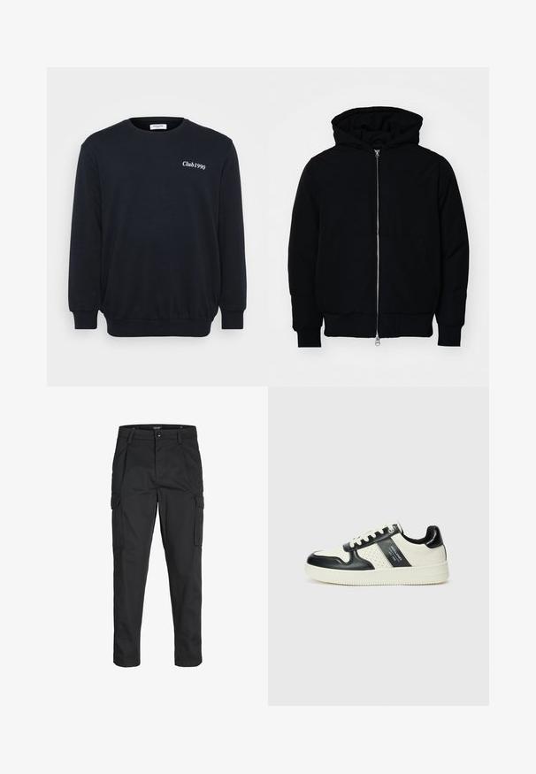 Schwarze Kapuzenjacke mit Frontreißverschluss, Kängurutasche, gerippten Bündchen und Saum, auf einem schlichten weißen Hintergrund präsentiert.; Schwarzer Sweatshirt mit langen Ärmeln, gerippten Bündchen und Saum. Verfügt über weißen Text "Club1990" auf der Brust. Hergestellt aus weichem, strukturiertem Stoff.; Schwarze Cargo-Hose aus robustem Material, mit mehreren Taschen, einem Knopfverschluss und einem Slim-Fit-Design mit schmal zulaufenden Beinen.; Leder-Sneaker in Schwarz- und Cremetönen, mit perforierten Akzenten, einem gepolsterten Kragen und einer strukturierten Laufsohle.