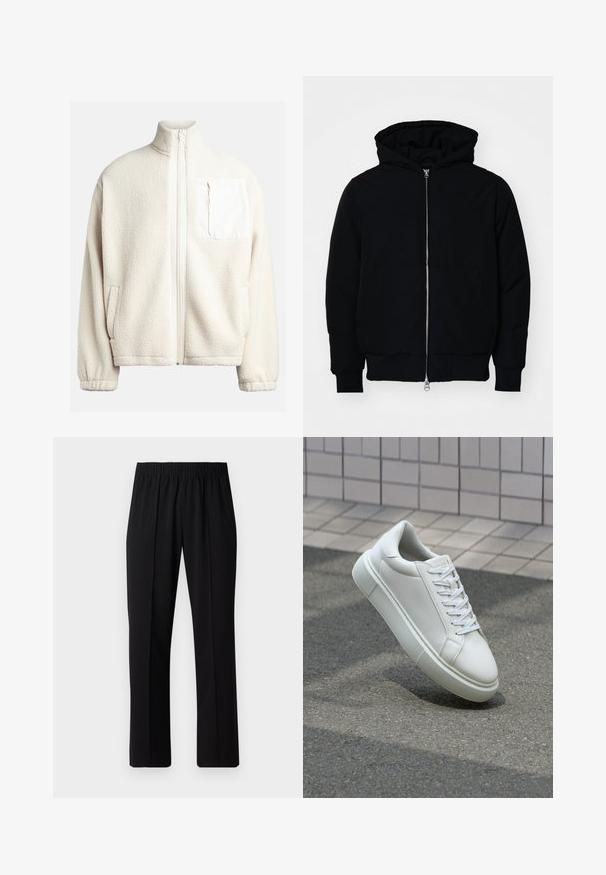 Svart hettejakke med frontglidelås, kengurulomme, ribbestrikket mansjetter og søm, vist på en ensfarget hvit bakgrunn.; Kremfarget fleecejakke med høy krage, frontglidelås, sidelommer og en firkantet brystlomme med kontraststoff. Myk tekstur.; Svart, elastisk midjebukser med rett ben-design, med en glatt tekstur og uten synlige mønstre eller maskinvare.; Hvit lær sneaker med glatt overflate, rund tå og flate hvite snøringer. Har en teksturert gummisåle og minimale design elementer.