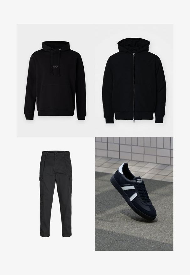 Mustat huppu-untuvatakki, jossa on vetoketju edessä, kenguru-tasku, ribatut hihansuut ja helma, esillä yksinkertaisella valkoisella taustalla.; Mustassa puuvillahupparissa on etutasku, nyöripäällinen huppu ja pieni brodeerattu logo rinnassa. Klassinen malli, jossa on ribbauskankaiset hihansuut.; Mustat cargo-housut, jotka on valmistettu kestävästä kankaasta. Housuissa on useita taskuja, nappisulku ja kapea istuvuus, jossa on kapenevat lahkeet.; Mustat nahkakengät valkoisilla raidoilla, teksturoitu kumipohja ja nauha edessä. Varustettu merkkitarralla kielen päällä.