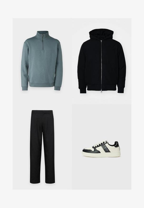 Fekete kapucnis dzseki elülső cipzárral, kenguruzsebbel, bordázott mandzsettákkal és aba, egy sima fehér háttér előtt.; Jack & Jones JJEBRADLEY HALF ZIP - Melegítőfelső - goblin blue; Fekete nadrág sima anyagból, egyenes szárú fazonnal, két elülső redővel és közönséges derékkal, övhurkokkal.; Fekete és krém színű bőrsneaker, perforált díszítésekkel, párnázott bokapánttal és texturált talppal.