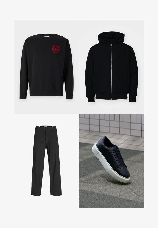 Černá kapucňová bunda s předním zipem, klokaní kapsou, vroubkovanými manžetami a spodním lemem, vystavená na čistém bílém pozadí.; Černá mikina s dlouhými rukávy, designem s kulatým výstřihem, s žebrovanými manžetami a lemem. Na hrudi s červeným logem. Vyrobena z měkkého materiálu.; Černé cargo kalhoty s volným střihem, vyrobené z bavlny. Obsahují dvě boční kapsy a zapínání na knoflík, navržené pro funkčnost a pohodlí.; Černé kožené tenisky s kulatou špičkou a bílou gumovou podrážkou. mají ploché tkaničky a minimální šití na svršku. Texturovaná podrážka pro lepší přilnavost.