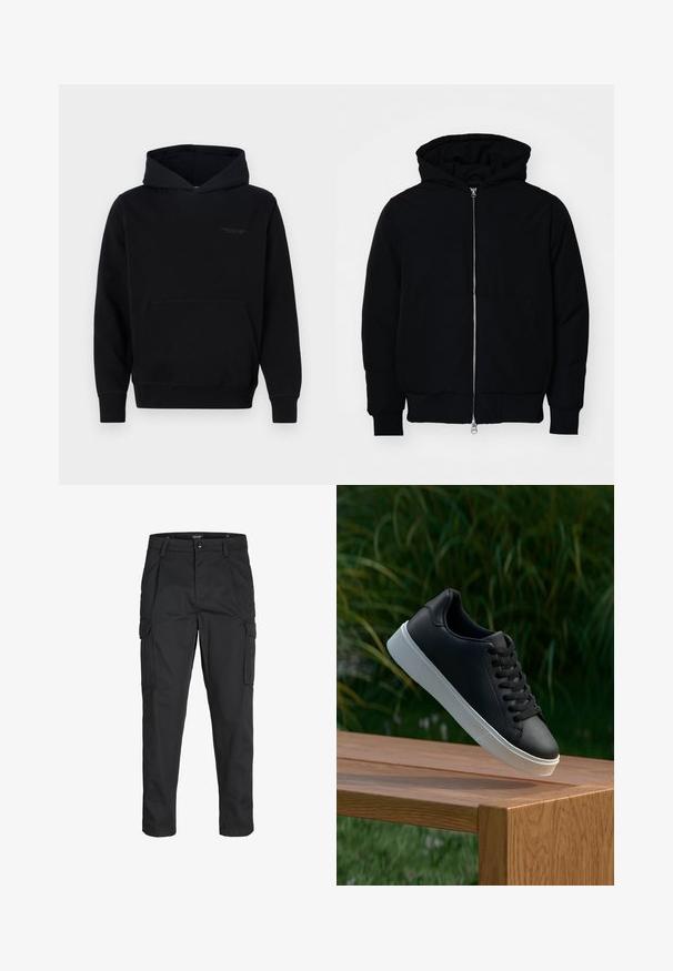 Veste à capuche noire avec fermeture éclair sur le devant, poche kangourou, poignets et ourlet côtelés, présentée sur un fond blanc uni.; Sweat-shirt à capuche noir en tissu doux, avec une poche kangourou à l'avant et un logo discret sur la poitrine. Manches longues avec des poignets côtelés.; Pantalons cargo noirs en tissu résistant, dotés de plusieurs poches, d'une fermeture par bouton et d'une coupe slim avec des jambes fuselées.; Baskets en cuir noir avec une texture lisse, semelle en caoutchouc blanc, et six œillets pour les lacets, disposées sur une surface en bois.