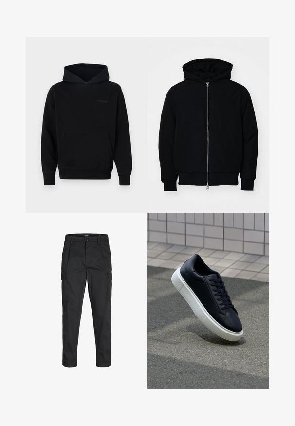 Svart hettejakke med frontglidelås, kengurulomme, ribbestrikket mansjetter og søm, vist på en ensfarget hvit bakgrunn.; Svart hettegenser laget av myk stoff, med en frontlommepose og subtil merkevaremerking på brystet. Lange ermer med ribbestrikkede mansjetter.; Sorte cargo bukser laget av slitesterkt stoff, med flere lommer, knappelukking og en slim fit-design med avsmalnede ben.; Sorte skinnsneakers med rund tå og hvit gummisåle. Har flate lisser og minimal søm på overdelen. Strukturert såle for grep.