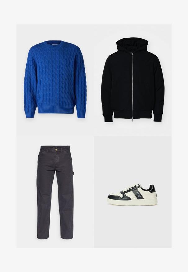 Schwarze Kapuzenjacke mit Frontreißverschluss, Kängurutasche, gerippten Bündchen und Saum, auf einem schlichten weißen Hintergrund präsentiert.; Blaues, aus Kabelstrick gefertigtes Sweatshirt mit rundem Halsausschnitt, gerippten Bündchen und Saum sowie einem strukturierten Muster im gesamten Stoff.; Dunkelgraue Cargo-Hosen aus strapazierfähigem Stoff, mit geradem Bein, fünf Taschen und einem Knopfverschluss an der Taille.; Leder-Sneaker in Schwarz- und Cremetönen, mit perforierten Akzenten, einem gepolsterten Kragen und einer strukturierten Laufsohle.