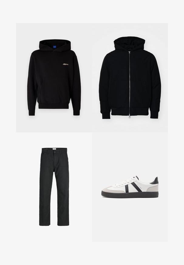 Veste à capuche noire avec fermeture éclair sur le devant, poche kangourou, poignets et ourlet côtelés, présentée sur un fond blanc uni.; Sweat-shirt à capuche noir en tissu doux. Il possède une poche kangourou à l'avant et un logo brodé sur la poitrine. Manches et ourlet côtelés.; Pantalons noirs en tissu durable, présentant un design à jambe droite, des accents cousus et deux poches avant pour la fonctionnalité.; Baskets blanches avec des accents noirs et gris, présentant un embout texturé gris, une semelle en caoutchouc noir et des lacets plats blancs. Design épuré, style minimaliste.