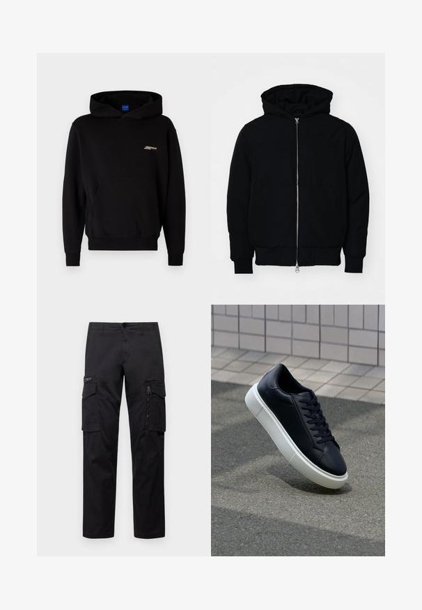 Svart hettejakke med frontglidelås, kengurulomme, ribbestrikket mansjetter og søm, vist på en ensfarget hvit bakgrunn.; Svart hettegenser laget av mykt stoff. Har en frontlomme og brodert logo på brystet. Ribbestrikket mansjetter og nederkant.; Sorte cargo bukser med flere lommer, en lynlåslomme på låret, rett passform og solid bomullsstoff med lett glans.; Sorte skinnsneakers med rund tå og hvit gummisåle. Har flate lisser og minimal søm på overdelen. Strukturert såle for grep.