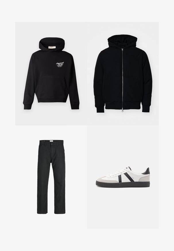 Schwarze Kapuzenjacke mit Frontreißverschluss, Kängurutasche, gerippten Bündchen und Saum, auf einem schlichten weißen Hintergrund präsentiert.; Schwarze Kapuzenjacke aus weichem Stoff, mit einer Fronttasche, gerippten Bündchen und einem weißen Logo im linken Brustbereich.; Schwarze Hosen aus strapazierfähigem Stoff, mit geradem Bein, genähten Akzenten und zwei vorderen Taschen für Funktionalität.; Weiße Sneaker mit schwarz- und grau-aczenten, ausgestattet mit einer strukturierten grauen Zehenkappe, schwarzer Gummi-Sohle und flachen weißen Schnürsenkeln. Sauberes Design, minimalistische Stil.