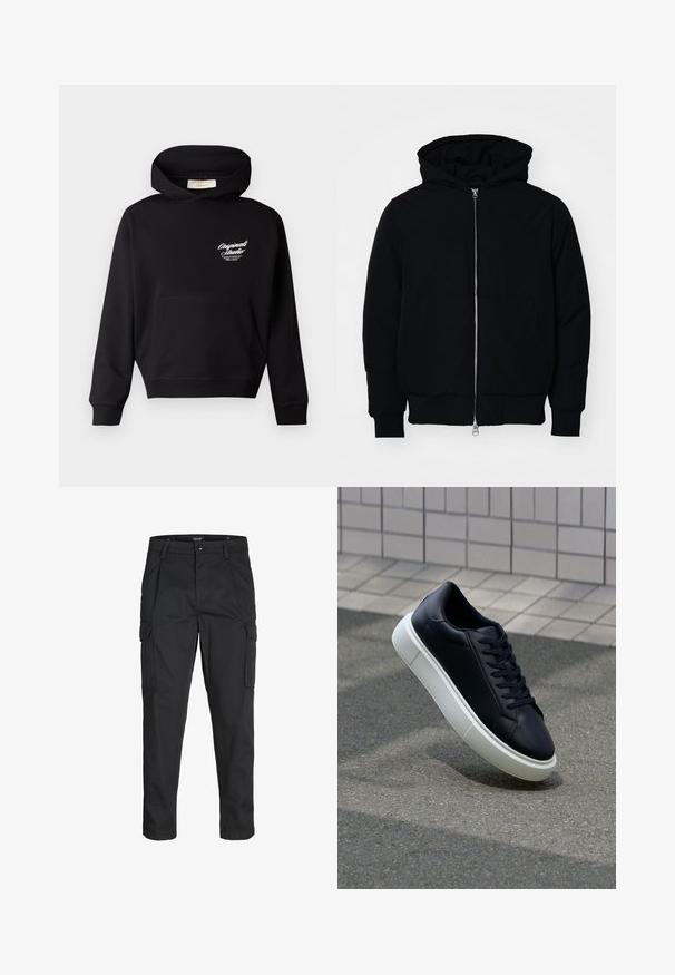 Mustat huppu-untuvatakki, jossa on vetoketju edessä, kenguru-tasku, ribatut hihansuut ja helma, esillä yksinkertaisella valkoisella taustalla.; Mustat hupparit, jotka on valmistettu pehmeästä kankaasta, jossa on etutasku, ribbineuleiset hihansuut ja valkoinen logo vasemmassa rinnassa.; Mustat cargo-housut, jotka on valmistettu kestävästä kankaasta. Housuissa on useita taskuja, nappisulku ja kapea istuvuus, jossa on kapenevat lahkeet.; Mustat nahkakengät, joissa on pyöristetty kärki ja valkoinen kumipohja. Varusteena litteät nauhat ja minimaalinen ommel ylhäällä. Teksturoitu pohja pitävyyden lisäämiseksi.