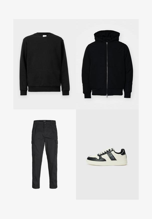 Schwarze Kapuzenjacke mit Frontreißverschluss, Kängurutasche, gerippten Bündchen und Saum, auf einem schlichten weißen Hintergrund präsentiert.; Schwarzer Sweatshirt aus Baumwollmischgewebe; verfügt über einen Rundhalsausschnitt, lange Ärmel und gerippte Bündchen sowie einen gerippten Saum für eine enge Passform.; Schwarze Cargo-Hose aus robustem Material, mit mehreren Taschen, einem Knopfverschluss und einem Slim-Fit-Design mit schmal zulaufenden Beinen.; Leder-Sneaker in Schwarz- und Cremetönen, mit perforierten Akzenten, einem gepolsterten Kragen und einer strukturierten Laufsohle.