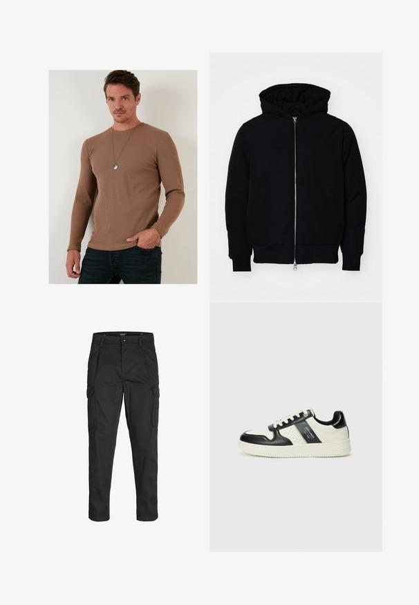 Schwarze Kapuzenjacke mit Frontreißverschluss, Kängurutasche, gerippten Bündchen und Saum, auf einem schlichten weißen Hintergrund präsentiert.; Braun gerippte Langarmshirt aus strukturiertem Stoff, mit rundem Ausschnitt und eng anliegendem Schnitt, kombiniert mit dunklen Jeans.; Schwarze Cargo-Hose aus robustem Material, mit mehreren Taschen, einem Knopfverschluss und einem Slim-Fit-Design mit schmal zulaufenden Beinen.; Leder-Sneaker in Schwarz- und Cremetönen, mit perforierten Akzenten, einem gepolsterten Kragen und einer strukturierten Laufsohle.